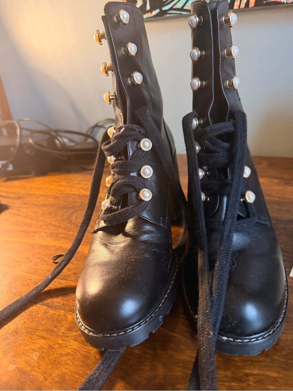 Stuart Weitzman Black Lace-Up Pearl-Button Combat Boots
